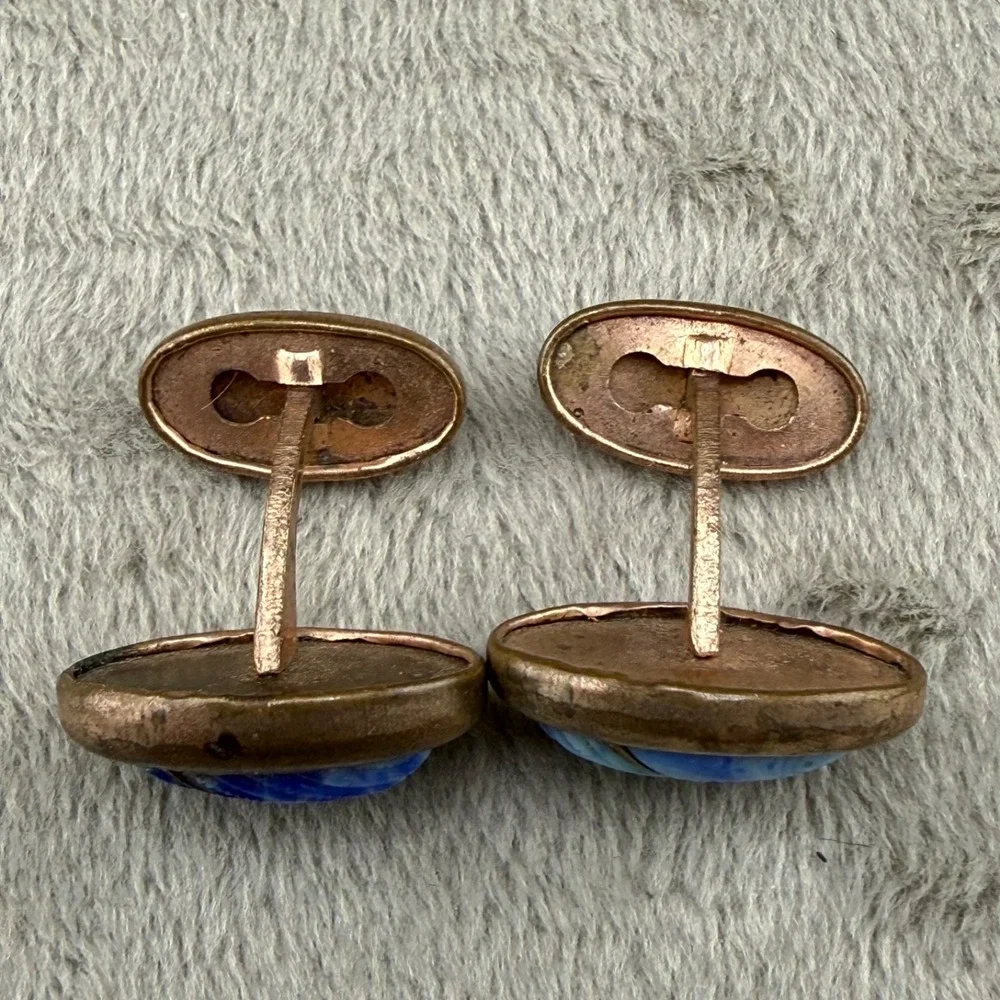 Vintage Antique Carved Blue Stone Cufflinks Gold Tone
